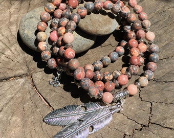 Leopard Skin Jasper Mala Beads | 108 Mala Necklace with Native Feathers | Prayer Beads for Meditation, Yoga, Crystal Healing by Mayan Rose