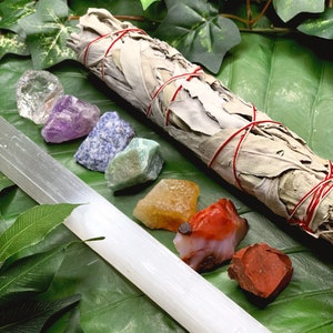 7 Chakras Raw Crystal Gift Set | 9in. Selenite Wand and 7in. Sage Bundle | Chakra Crystals, Spiritual Gift, Metaphysical, Chakra Crystal Set