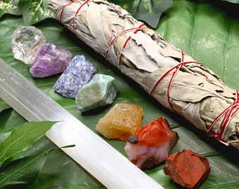 7 Chakras Raw Crystal Gift Set | 9 in. Sage Bundle & Selenite Wand | Chakra Crystals, Spiritual Gift, Metaphysical | Chakra Crystal Set