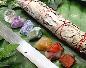 7 Chakras Raw Crystal Gift Set | 9in. Selenite Wand and 7in. Sage Bundle | Chakra Crystals, Spiritual Gift, Metaphysical, Chakra Crystal Set
