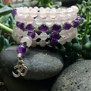 108 Mala Beads | Rose Quartz & Amethyst Wrist Mala | Mala Bracelet | Meditation Beads | Prayer Beads | Om Aum Ohm | Memory Wire Bracelet