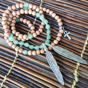 108 Mala Beads | Rosewood & Green Aventurine Mala Necklace with Feathers, Egyptian Ankh | Yoga Meditation,  Prayer Beads,  Rosary,