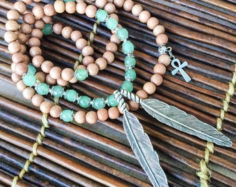 108 Mala Beads | Rosewood & Green Aventurine Mala Necklace with Feathers, Egyptian Ankh | Yoga Meditation,  Prayer Beads,  Rosary,