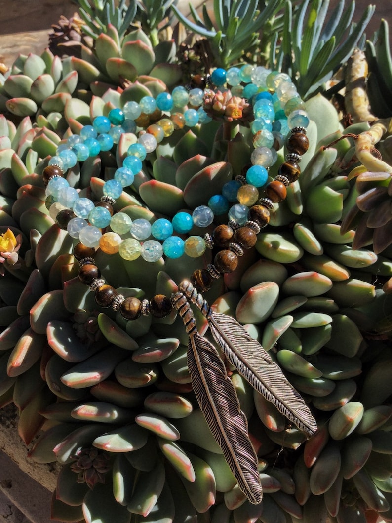 Yoga Beads Feather Necklace Yoga Mala for Meditation by MayanRose Blue Agate Tiger Eye 108 Bead Mala w Native American Tribal Feathers