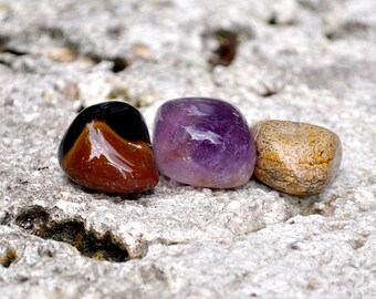 AQUARIUS Set of 3 Crystals | Picasso Jasper, Amethyst, Tiger Eye | Gemstones Astrology Zodiac, Meditation Yoga, January February Birthday