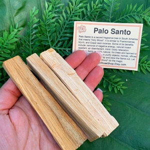 May include: Three brown Palo Santo sticks, a type of wood used for smudging and incense, are held in a hand. A card with the text "Palo Santo" is visible in the background. The card describes Palo Santo as a sacred fragrance tree in South America.