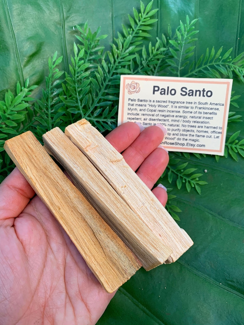 May include: Three brown Palo Santo sticks, a type of wood used for smudging and incense, are held in a hand. A card with the text "Palo Santo" is visible in the background. The card describes Palo Santo as a sacred fragrance tree in South America.