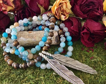 Yoga Beads Feather Necklace | Blue Agate Tiger Eye 108 Bead Mala w/ Native American Tribal Feathers | Yoga Mala for Meditation by MayanRose