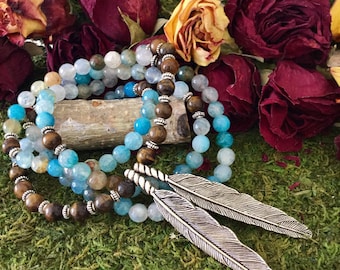 Yoga Beads Feather Necklace | Blue Agate Tiger Eye 108 Bead Mala w/ Native American Tribal Feathers | Yoga Mala for Meditation by MayanRose