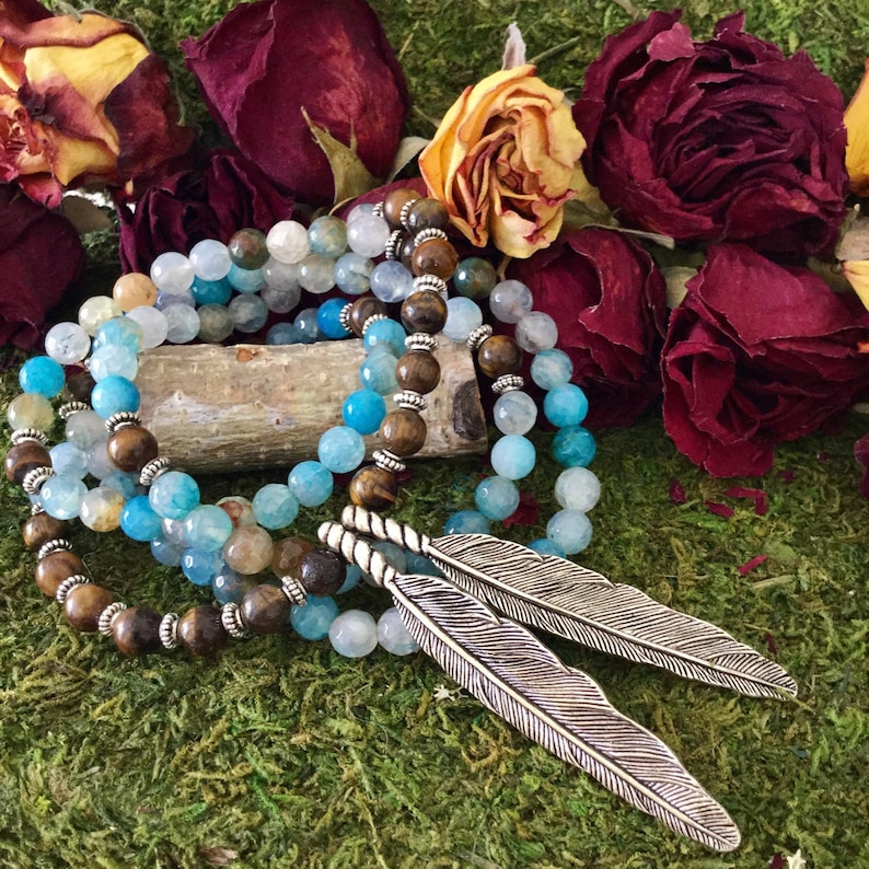 Yoga Beads Feather Necklace Yoga Mala for Meditation by MayanRose Blue Agate Tiger Eye 108 Bead Mala w Native American Tribal Feathers