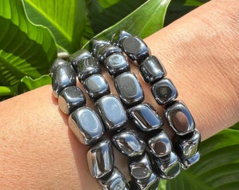 Hematite Tumbled Stone Stretch Bracelet, Natural Crystal Bead Bracelet, Polished Gemstone Beads, One Size, Premium High Quality, Wholesale