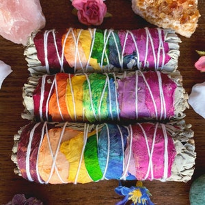7 CHAKRAS SAUGE BLANCHE Bâtonnet de maculage | Lot de sauge rose | Cérémonie, rituel, autel de méditation, wicca | sauge chakra, tache florale | Rose Maya