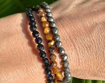 Protection Bracelet Set | Black Tourmaline, Tiger Eye, Pyrite | Crystal Bracelet Gift Set for Grounding, Crystal Healing Jewelry