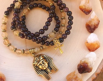 GARNET & CITRINE Mala Beads with Egyptian Pharaoh King Tut  | Crystal Healing 108 Bead Mala for Meditation, Yoga, Prayer, Ankh Necklace