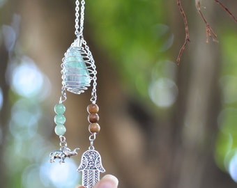 Crystal Cage Necklace with Hamsa Hand and Elephant - Green Aventurine & Wood Beads Silver Chain - Crystal Chakra Healing Gemstone Necklace