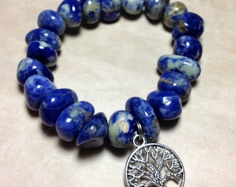 SODALITE Bracelet - Choose Charm: Hamsa Hand, Yoga Om Symbol Namaste, Tree of Life - 5th Chakra Natural Stone Tumbled