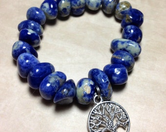 SODALITE Bracelet - THROAT CHAKRA -Choose Charm: Hamsa Hand, Yoga Om Symbol Namaste, Tree of Life - 5th Chakra Natural Stone Tumbled