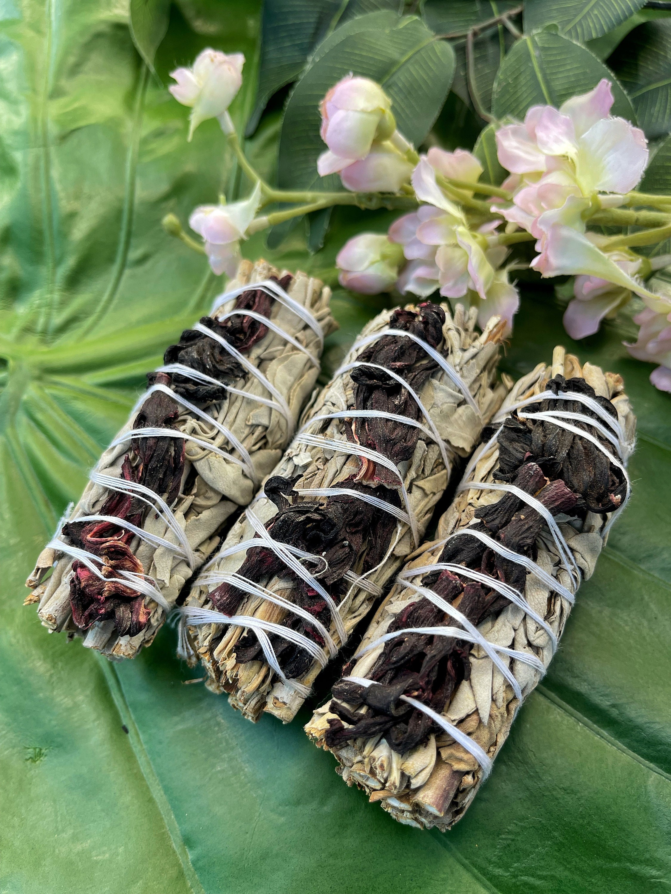 HIBISCUS & WHITE SAGE Smudge Stick, Sage Bundle with Flowers, Ceremony,  Ritual, Meditation Altar, Wicca