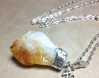 Raw Citrine Pendant with "OM" Yoga charm on Silver tone Chain Necklace - Choose Your Length