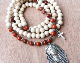 Egyptian Mala Beads | Ankh Necklace | Red Jasper & White Wood | 108 Bead Mala Yoga Beads | Eye of Horus, Pharaoh Pharaoh Pendant Necklace