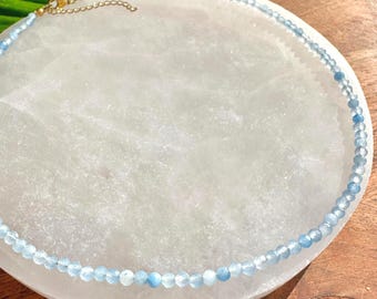 Aquamarine Crystal Necklace, 2-3mm Faceted Aquamarine Necklace, 14-16 in. Beaded Gemstone Choker, 100% Natural Grade A Crystal Jewelry