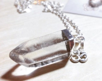 Crystal Quartz Point Pendant with "OM" Yoga charm on Silver tone Chain Necklace - Choose Your Length - Clear Quartz Necklace