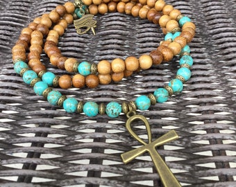 108 Mala Beads Ankh Necklace | Wood & Turquoise Howlite Mala | Yoga Mala Bracelet Necklace, Meditation Beads, Eye of Horus, Egyptian Prayer