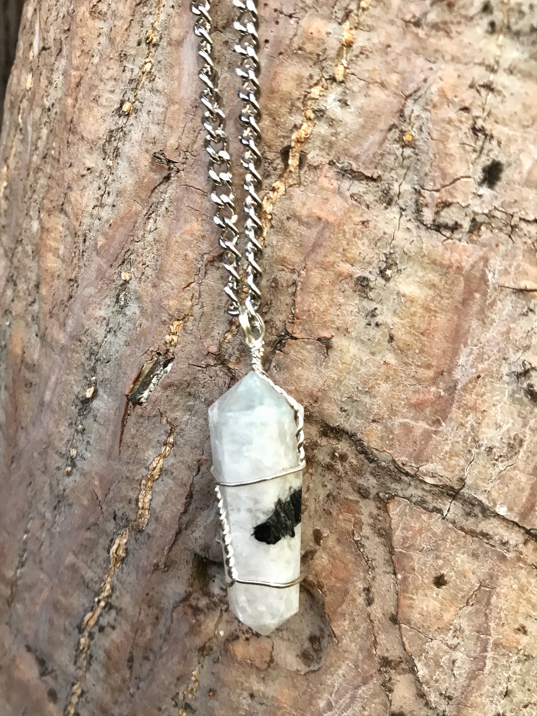 MOONSTONE WIRE WRAPPED DOUBLE POINT PENDANT GEMSTONE
