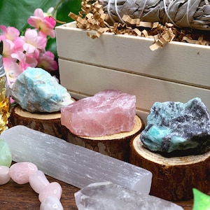 May include: A collection of crystals and stones, including a pink rose quartz, a green aventurine, a selenite wand, and a clear quartz point. The crystals are arranged on wooden slices and surrounded by green leaves and pink flowers.