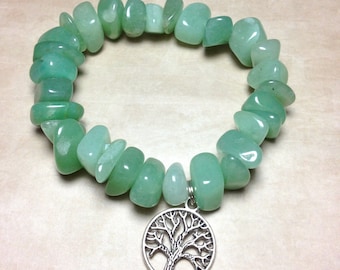 GREEN AVENTURINE Bracelet | Choose Charm: Hamsa Hand, Yoga Om Symbol, Ankh Cross, Tree of Life | Heart Chakra Tumbled Stone Bracelet