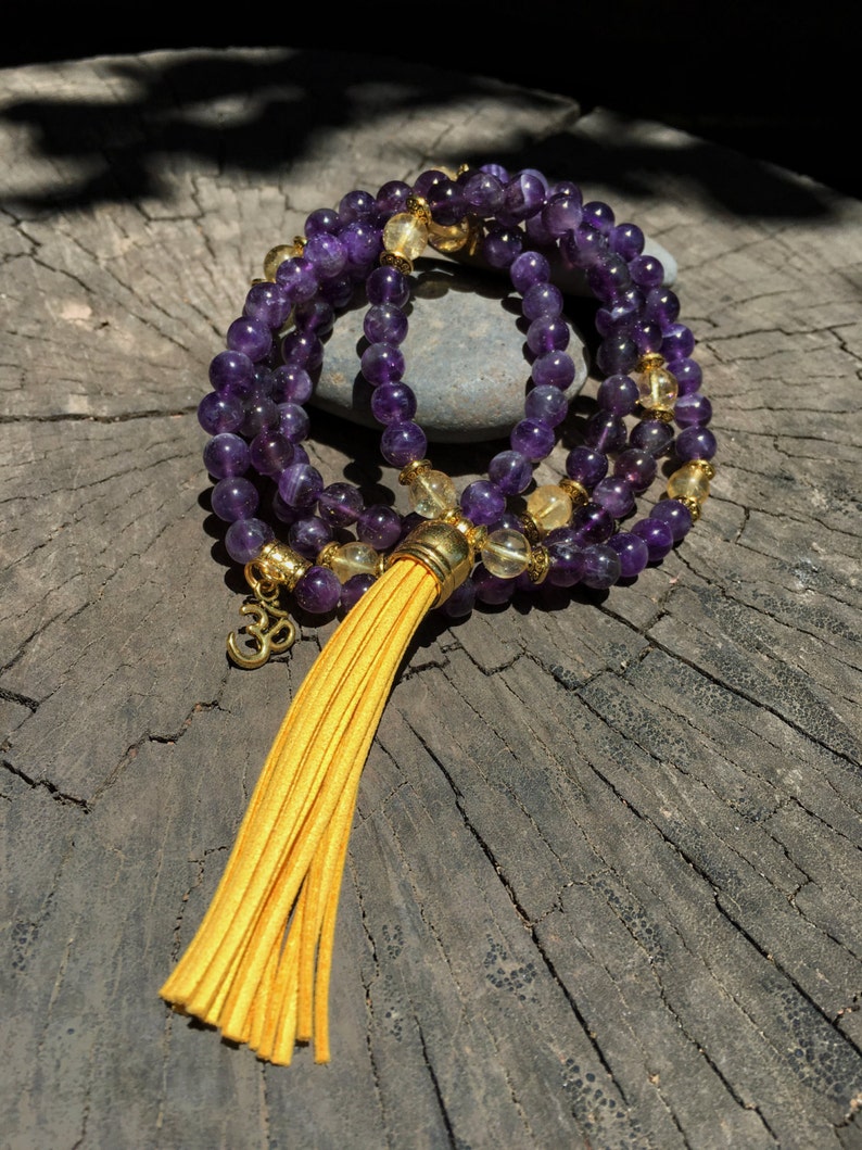 AMETHYST & CITRINE Mala Beads with YELLOW Suede Tassel 108 Bead Crystal Mala Yoga Necklace Om, Meditation Beads by Mayan Rose MayanRose image 1