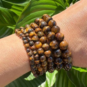 May include: A stack of seven bracelets made of tiger's eye beads. The beads are a mix of brown, gold, and black.