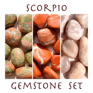 Puede incluir: Un conjunto de tres piedras preciosas pulidas para el signo del zod&iacute;aco Escorpio. El conjunto incluye aventurina verde, jaspe rojo y piedra solar.