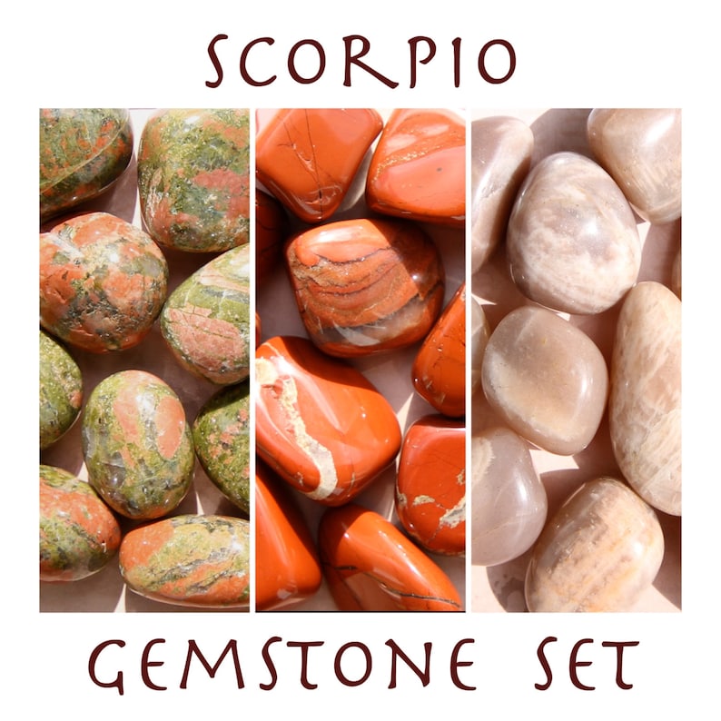Puede incluir: Un conjunto de tres piedras preciosas pulidas para el signo del zod&iacute;aco Escorpio. El conjunto incluye aventurina verde, jaspe rojo y piedra solar.