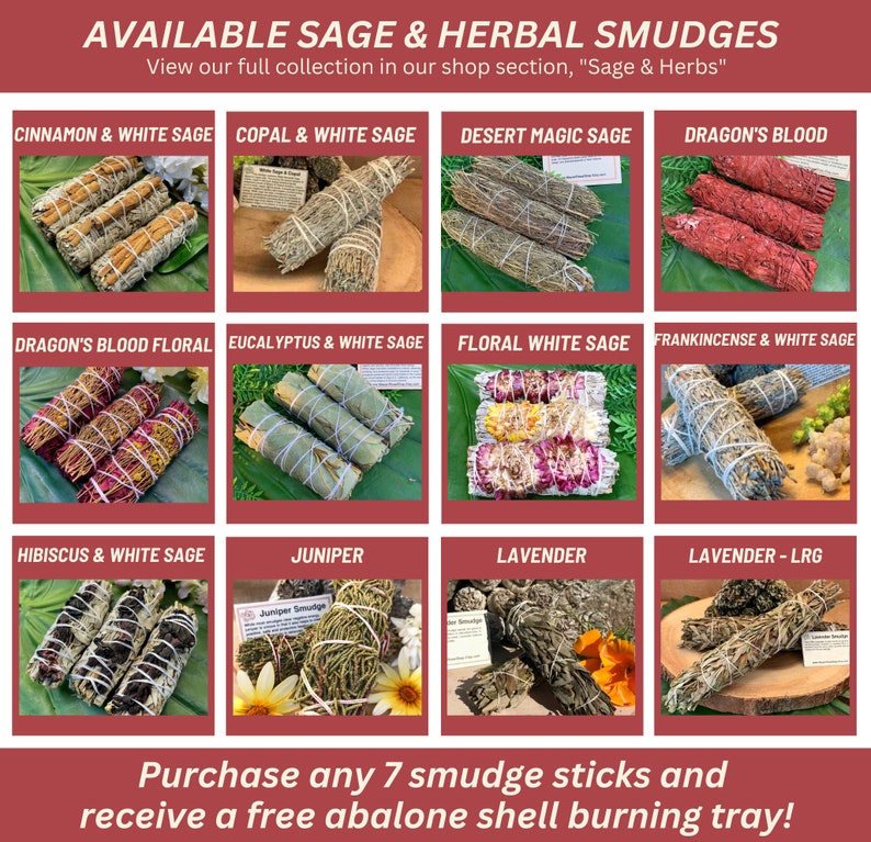 May include: A collection of 12 different sage and herbal smudge sticks, each with a unique blend of herbs. The smudge sticks are arranged in a grid of four rows and three columns. The smudge sticks are all tied with twine and have a natural, rustic look. The text "Purchase any 7 smudge sticks and receive a free abalone shell burning tray!" is at the bottom of the image.