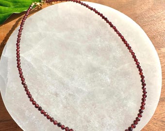Garnet Crystal Necklace, 2-3mm Faceted Garnet Gemstone Necklace, 14-16 in. Tiny Bead Gemstone Choker, 100% Natural Grade A Crystal Jewelry