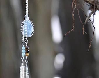 Crystal Cage Necklace with Feathers, Tiger Eye & Blue Agate on Silver Chain - Crystals Chakra Healing Gemstone Necklace - Bohemian