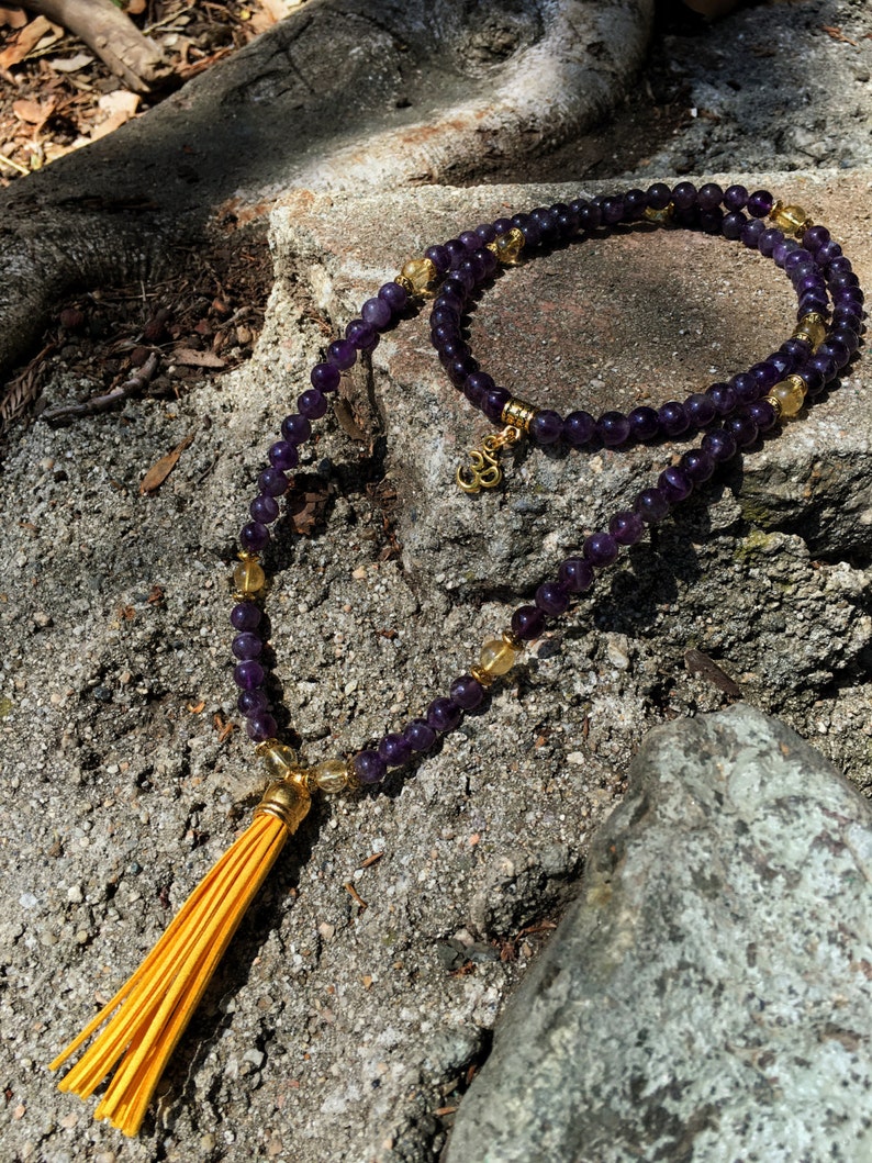AMETHYST & CITRINE Mala Beads with YELLOW Suede Tassel 108 Bead Crystal Mala Yoga Necklace Om, Meditation Beads by Mayan Rose MayanRose image 2