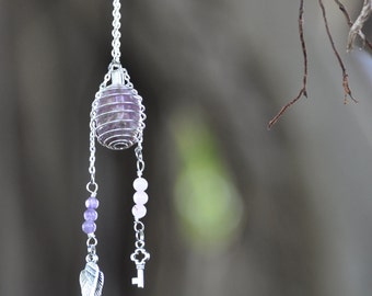 Crystal Cage Necklace with Rose Quartz & Amethyst on Silver Chain - Crystal Chakra Healing Gemstone Necklace - Angel Wings - Custom Length