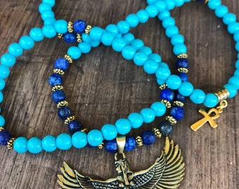 LAPIS LAZULI & TURQUOISE Mala Beads Necklace | Egyptian Goddess Maat Ankh Cross | CrystalHealing 108 Bead Mala |