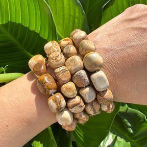 Picture Jasper Tumbled Stone Stretch Bracelet, Natural Crystal Bead Bracelet, Polished Gemstone Beads, One Size, Premium High Quality