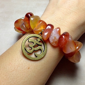 CARNELIAN Bracelet - Choose Charm: Hamsa Hand, Yoga Om Symbol, Tree of Life, Ankh - 2nd Chakra Natural Polished Orange Agate