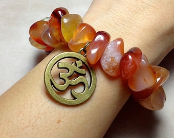 CARNELIAN Bracelet - Choose Charm: Hamsa Hand, Yoga Om Symbol, Tree of Life, Ankh - 2nd Chakra Natural Polished Orange Agate