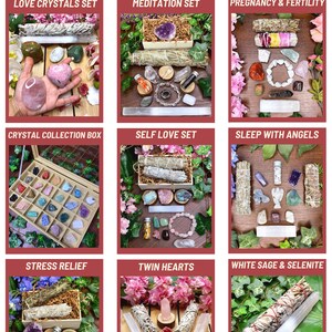 May include: A collection of nine crystal gift sets, each with a different theme. The sets include crystals, sage, and other items. The themes are Love Crystals, Meditation, Pregnancy & Fertility, Crystal Collection Box, Self Love, Sleep with Angels, Stress Relief, Twin Hearts, and White Sage & Selenite.