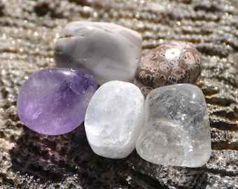 Crystals for Inner Peace & Wisdom | Crystal Quartz, Amethyst, Selenite, Leopard Jasper, Botswana Agate | Crown Chakra Crystal Set