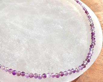 Amethyst Necklace, 2-3mm Faceted Amethyst Crystal Necklace, 14-16 in. Beaded Gemstone Choker, 100% Natural Grade A Crystal Healing Jewelry