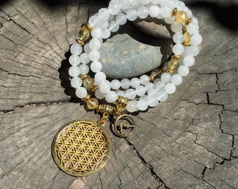 QUARTZ & CITRINE  Mala Beads | Flower of Life 108 Mala Necklace Meditation Yoga | Sacred Geometry Flower of Life | Crystal Quartz Necklace