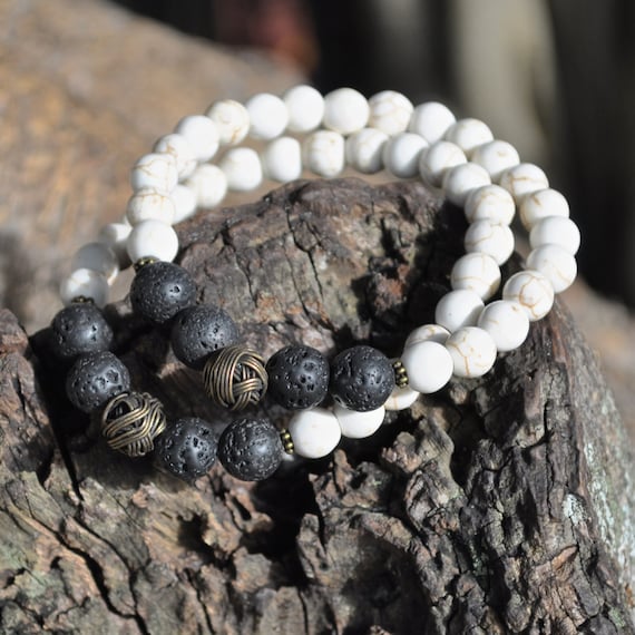 Unisex Bracelet - Howlite & Lava Rock with Antique Gold Accent Bead - Men's Jewelry, Bracelet for Men, Yoga Meditation Spiritual Jewelry