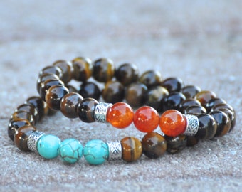 Tiger Eye Unisex Bracelet - Choose Carnelian or Turquoise Howlite - Men's Jewelry, Bracelet for Men, Men's Fashion Accessories