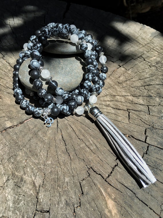 SNOWFLAKE OBSIDIAN Mala Beads With SILVER Suede Tassel 108 Bead